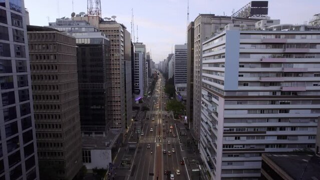 Aerial view of Avenida Paulista (Paulista Avenue) in Sao Paulo city, Brazil. Cinematic 4K