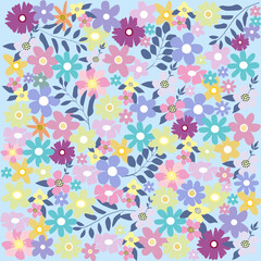 Fondo azul claro con margaritas de colores y otras flores.	