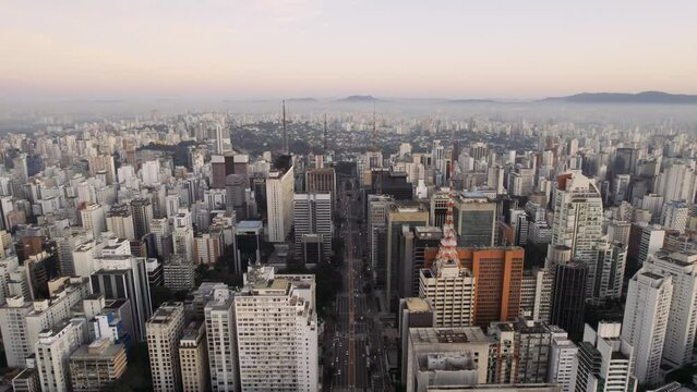 Aerial view of Avenida Paulista (Paulista Avenue) in Sao Paulo city, Brazil. Cinematic 4K