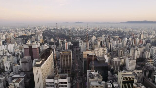 Aerial view of Avenida Paulista (Paulista Avenue) in Sao Paulo city, Brazil. Cinematic 4K