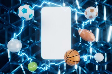 smartphone with a white screen. sports object on dark background. 3d copy space. live program online. 3d illustration. sport competition application online. online live app broadcast. soccer game