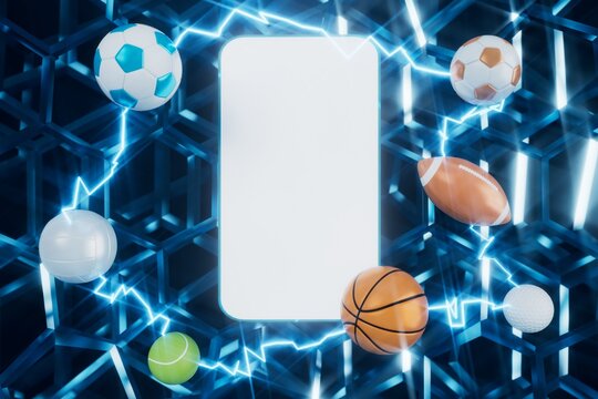 smartphone with a white screen. sports object on dark background. 3d copy space. live program online. 3d illustration. sport competition application online. online live app broadcast. soccer game