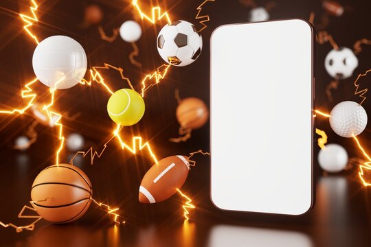 smartphone with a white screen. sports object on dark background. 3d copy space. live program online. 3d illustration. sport competition application online. online live app broadcast. soccer game