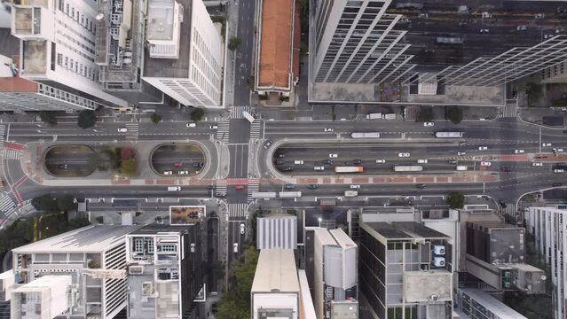Aerial view of Avenida Paulista (Paulista Avenue) in Sao Paulo city, Brazil. Cinematic 4K