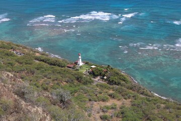 Bird's eye view of a lighthouse on top of a green hill against a turquoise sea