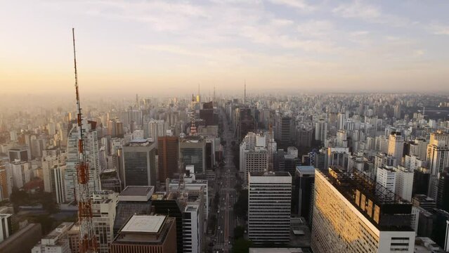 Aerial view of Avenida Paulista (Paulista Avenue) in Sao Paulo city, Brazil. Cinematic 4K