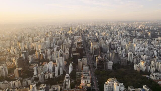 Aerial view of Avenida Paulista (Paulista Avenue) in Sao Paulo city, Brazil. Cinematic 4K