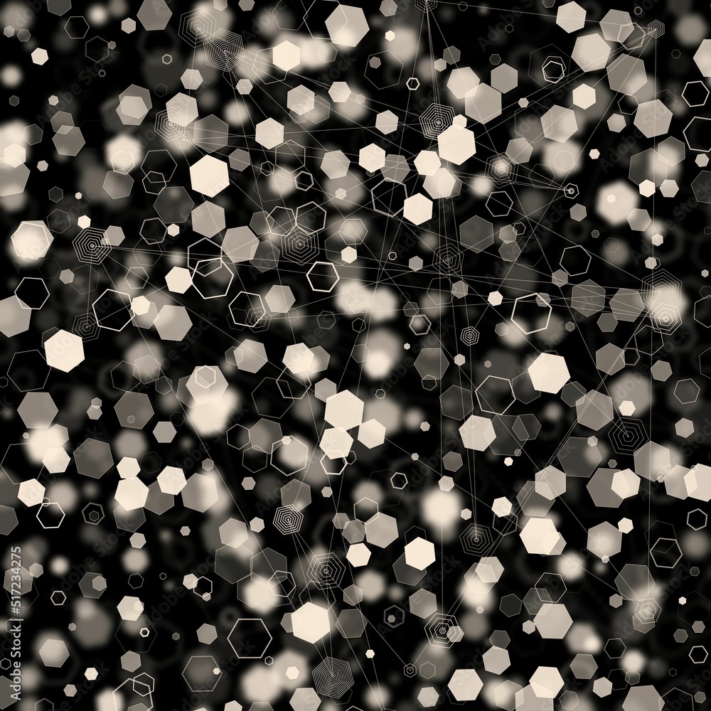 Poster illustration of an abstract light dots and blurred hexagon backdrop like bokeh spot hex shapes