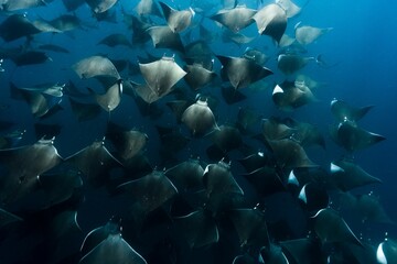 Cluster of giant devil rays (Mobula mobular) under the ocean