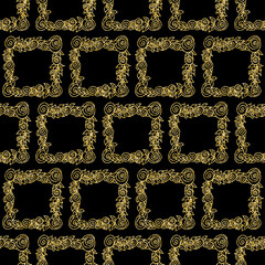 Square frame with flower and bud golden shimmer glitter, seamless pattern