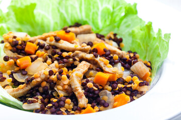 lentil salad with poultry meat and vegetables