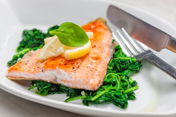 grilled salmon fillet with spinach leaves salad