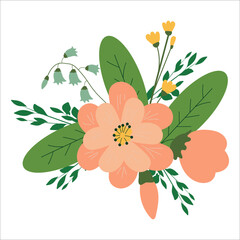 Floral composition with flowers twigs and berries in pastel colors. Holiday card template design element