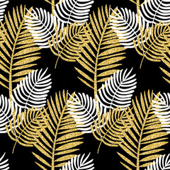 Tropical jungle seamless pattern gold black glitter shimmer palm leaf for scrapbook