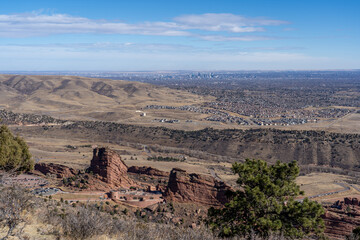 The view of Downtown Denver and Red Rocks Amphitheater from Mount Morrison in Denver, Colorado - obrazy, fototapety, plakaty