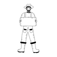 Male farmer protests with poster in hands. Fight against the ban on livestock. Reducing nitrogen emissions. Demonstrator retains his rights. Black and white vector isolated illustration hand drawn