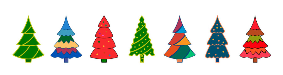 Collection of Christmas trees with outline and color. Vector set of flat Christmas trees for the holiday. Christmas trees for print and web design isolated on white background