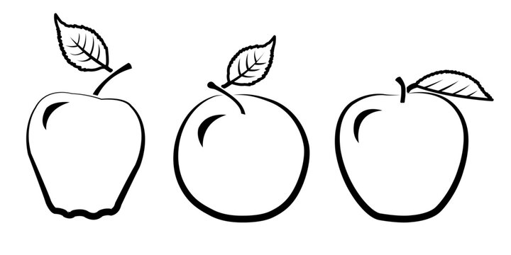 Vector set of fruits - varieties of apples - black and white icons on a white background.