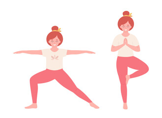 Woman doing yoga. Healthy lifestyle, self care, yoga, meditation, mental wellbeing. Hand drawn vector illustration