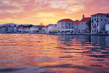 Beautiful sunset landscape. Old croatian town on the sea shore.