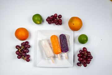 ice cream with fruits on white background