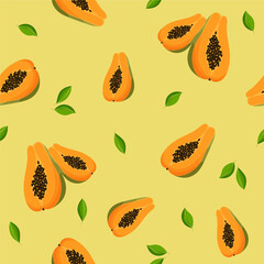 Seamless pattern with exotic tropical fruits, half of papaya on yellow background and green leaves. Vector illustration, print for packaging, fabrics, wallpapers, textiles.