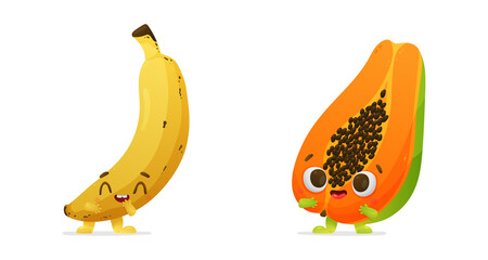 Funny happy tropical fruits, character, banana and papaya with faces, eyes, hands and legs isolated on white background. Gradient. Vector illustration for postcard, banner, web, adv, design, arts.