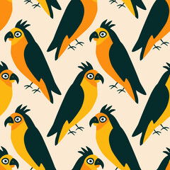 Cute parakeet birds hand drawn vector illustration. Funny tropical parrots in flat style seamless pattern for children fabric or wallpaper.