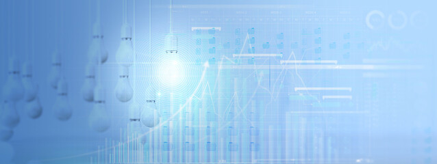 light bulb 3d with marketing network graph chart backgrounds planning strategy, analysis solution and development, Modern business, Innovative of new ideas.