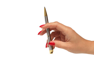 A woman's hand with red nails holds the pen up. isolated on white.