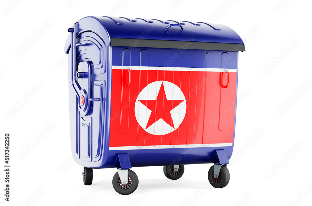 Poster garbage container with north korean flag, 3d rendering