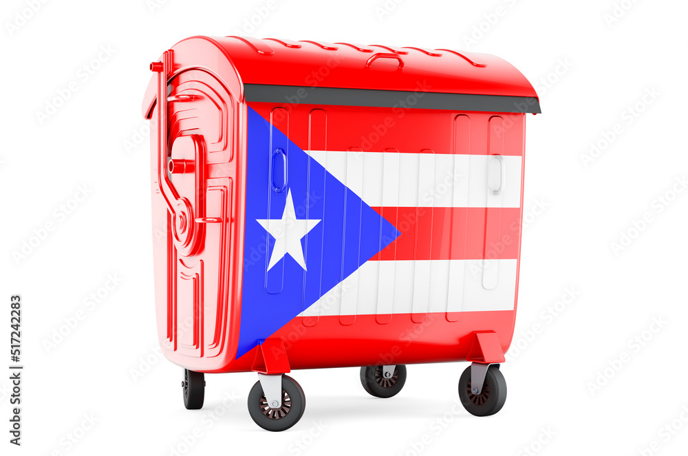 Poster garbage container with puerto rican flag, 3d rendering