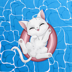 Biały kot bawiący się w wodzie, pływający w różowym dmuchanym kole. Kotek w basenie. Ręcznie rysowany uroczy mały kot na wakacjach. Letnia ilustracja. - obrazy, fototapety, plakaty