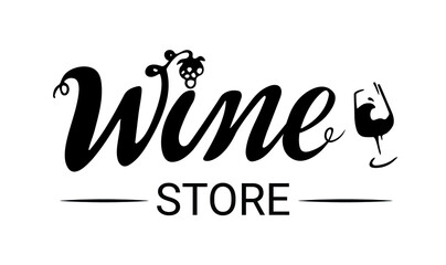 Designed store logo , black letters with wine glass on white background, digital handwritten title for cards, banners, posters, pictures ads, packaging products, wine cards, brochures, menu