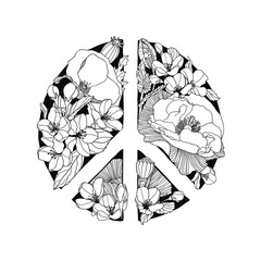 Peace vector symbol of flowers. Black and white image