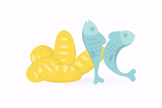 Food from the Bible five loaves and two fishes icon, graphic, symbol, logo, Vector.