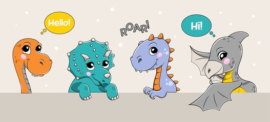 Cute little dinosaur concept. Beautiful prehistoric characters with speech bubbles. Design for postcard, cover and print on children clothing. Baby animals. Cartoon modern flat vector illustration © Rudzhan