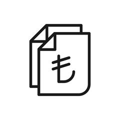 Turkish lira sign on paper. Financial statement, money document, banknote line icon isolated on white background. Vector illustration