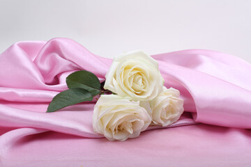 Pink nacre wave fabric silk with white rose flower. Abstract texture horizontal copy space...