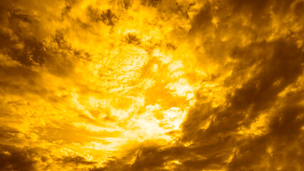 Gray yellow orange sky with clouds view. Dramatic skies background with space for design. Dark...