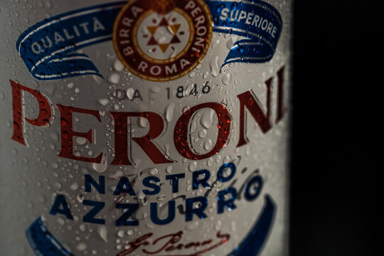 Detail of water droplets on Peroni Nastro Azzurro, a premium lager beer. Studio photo shoot in Bucharest, Romania, 2021