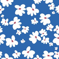 Simple vintage pattern. cute white  flowers. blue background. Fashionable print for textiles and wallpaper.