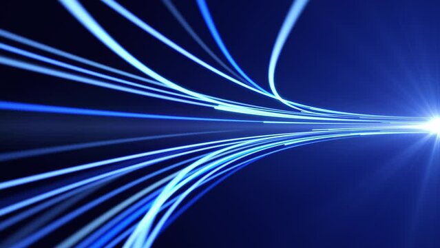 Digital data flow stream - abstract computer generated blue background. Glowing lines represent concept of fiber optic cable. Seamless loop animation.