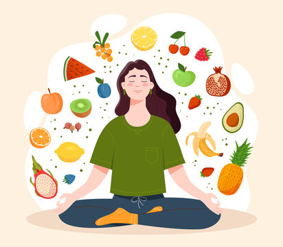 Mindful Eating Concept. Young Woman, Surrounded By Tasty And Healthy Vegetables And Fruits, Sits In Lotus Position. Healthy Daily Diet And Balanced Lifestyle. Cartoon Flat Vector Illustration