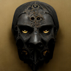 Close up of an Ancient Dark Leather Mask with Intricately Carved Details