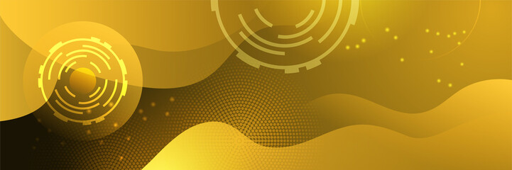 Yellow gold technology digital banner design. Design modern luxury futuristic technology background. Game tech wide banner vector illustration. Hi tech digital communication. Abstract tech background.