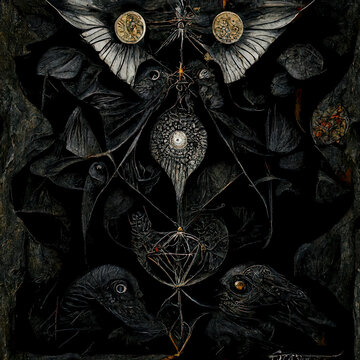 Dark Magical Portal With Carved Raven Heads And Feathers