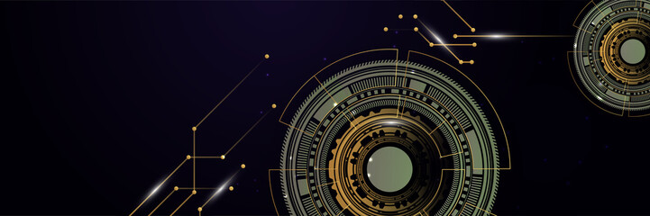 Black gold technology digital banner design. Design modern luxury futuristic technology background. Game tech wide banner vector illustration. Hi tech digital communication. Abstract tech background.