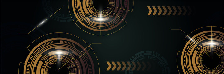 Black gold technology digital banner design. Design modern luxury futuristic technology background. Game tech wide banner vector illustration. Hi tech digital communication. Abstract tech background.