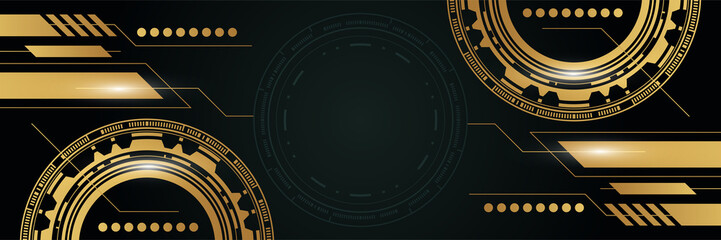 Black gold technology digital banner design. Design modern luxury futuristic technology background. Game tech wide banner vector illustration. Hi tech digital communication. Abstract tech background.